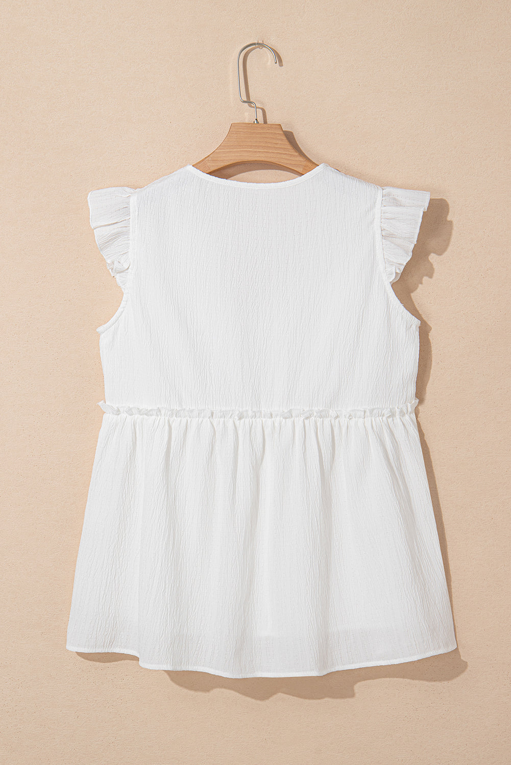 Light Pink Textured Ruffled Trim V Neck Flutter Flowy Top