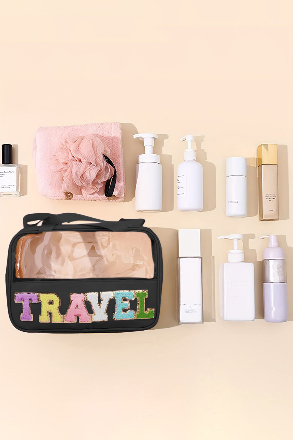 Mint Green TRAVEL Chenille Letter Clear PVC Makeup Bag