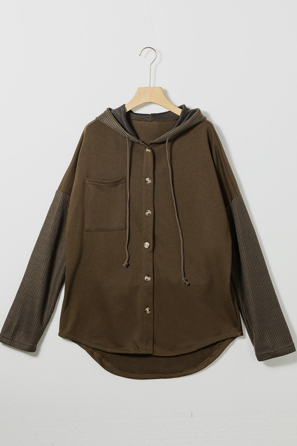Blackish Green Button Up Contrast Knitted Sleeves Hooded Jacket