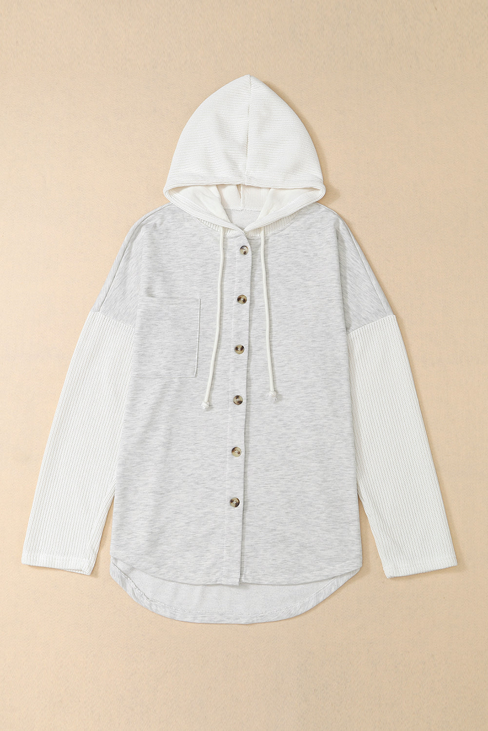 Blackish Green Button Up Contrast Knitted Sleeves Hooded Jacket