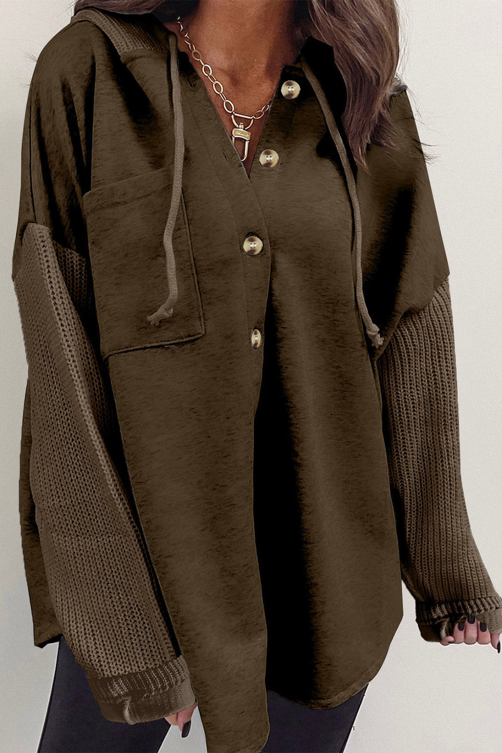 Blackish Green Button Up Contrast Knitted Sleeves Hooded Jacket
