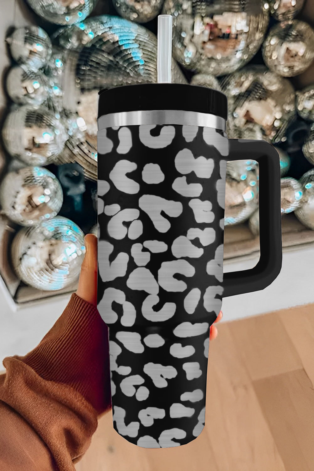 Pink Leopard Print 40OZ Stainless Steel Portable Cup with Handle