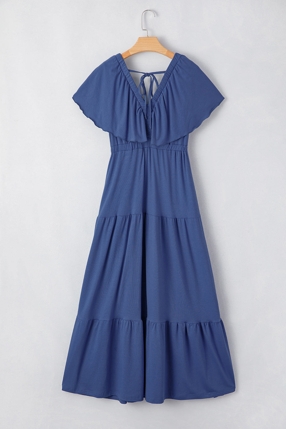 Green Textured V Neck Flutter Sleeve Ruffled Maxi Dress