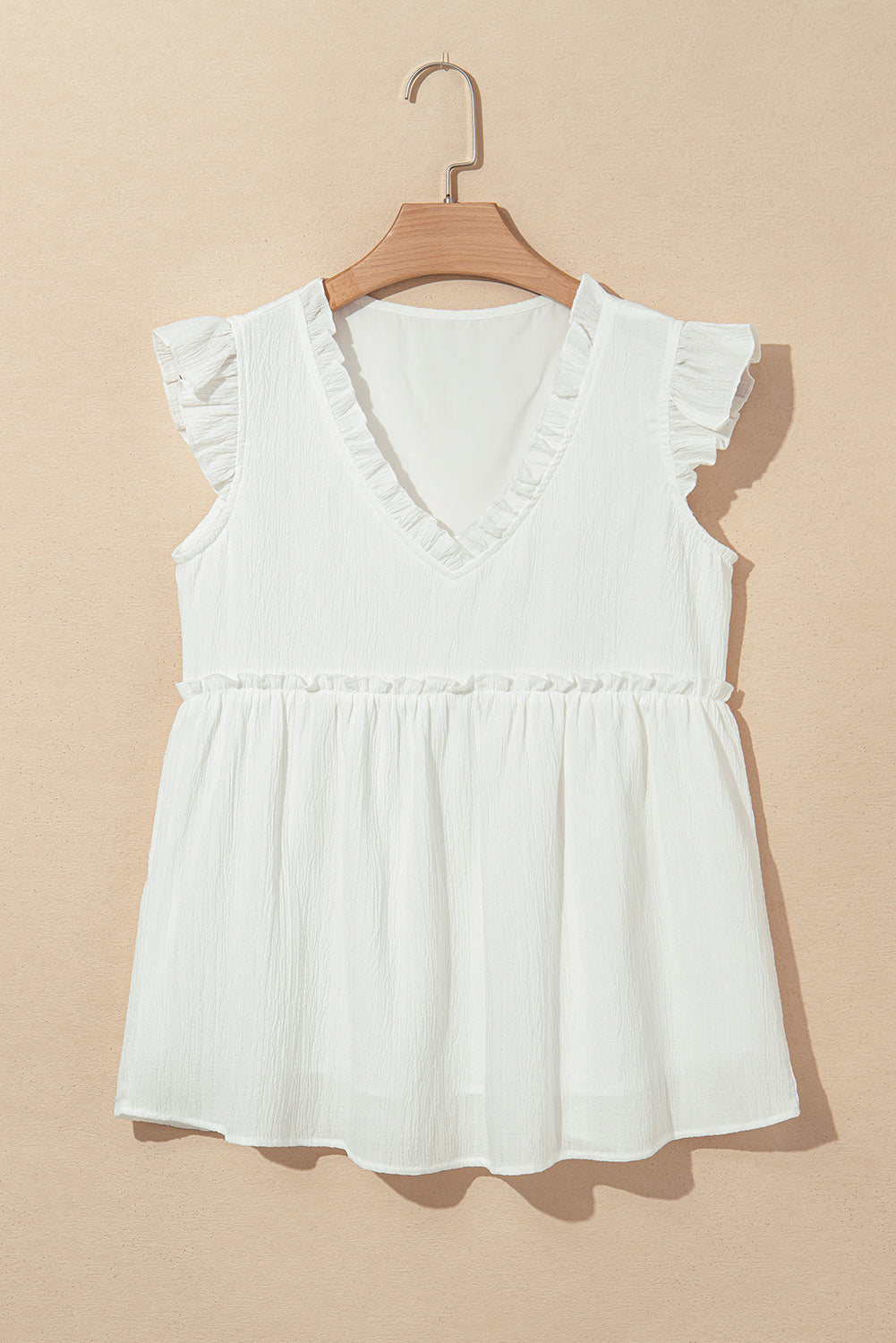 Light Pink Textured Ruffled Trim V Neck Flutter Flowy Top