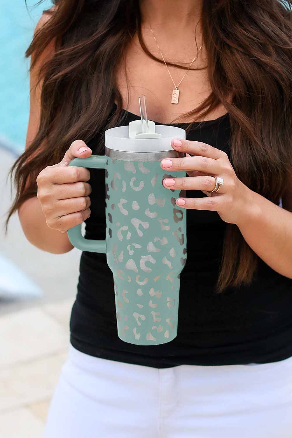 Pink Leopard Print 40OZ Stainless Steel Portable Cup with Handle