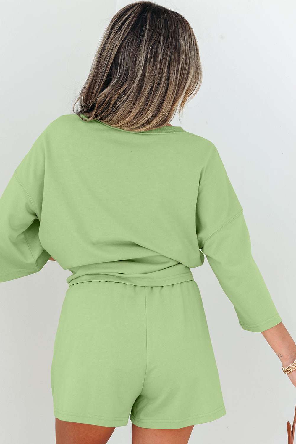 Sea Green Solid Loose V Neck Half Sleeve Tee and Shorts