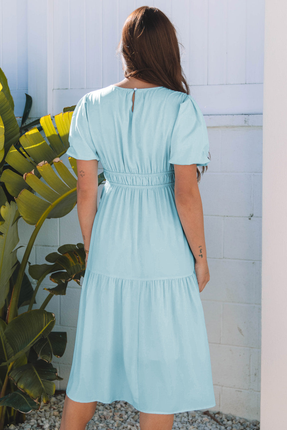 Pink Puff Sleeve Pleated High Waist Flowy Long Dress