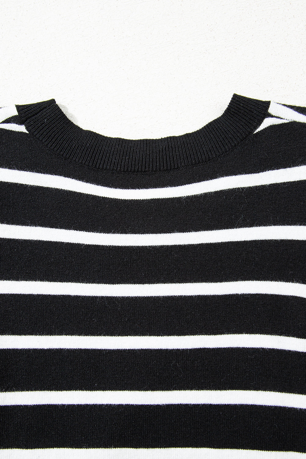 Blue Stripe Ribbed Trim Round Neck Bubble Sleeve Knitted Top