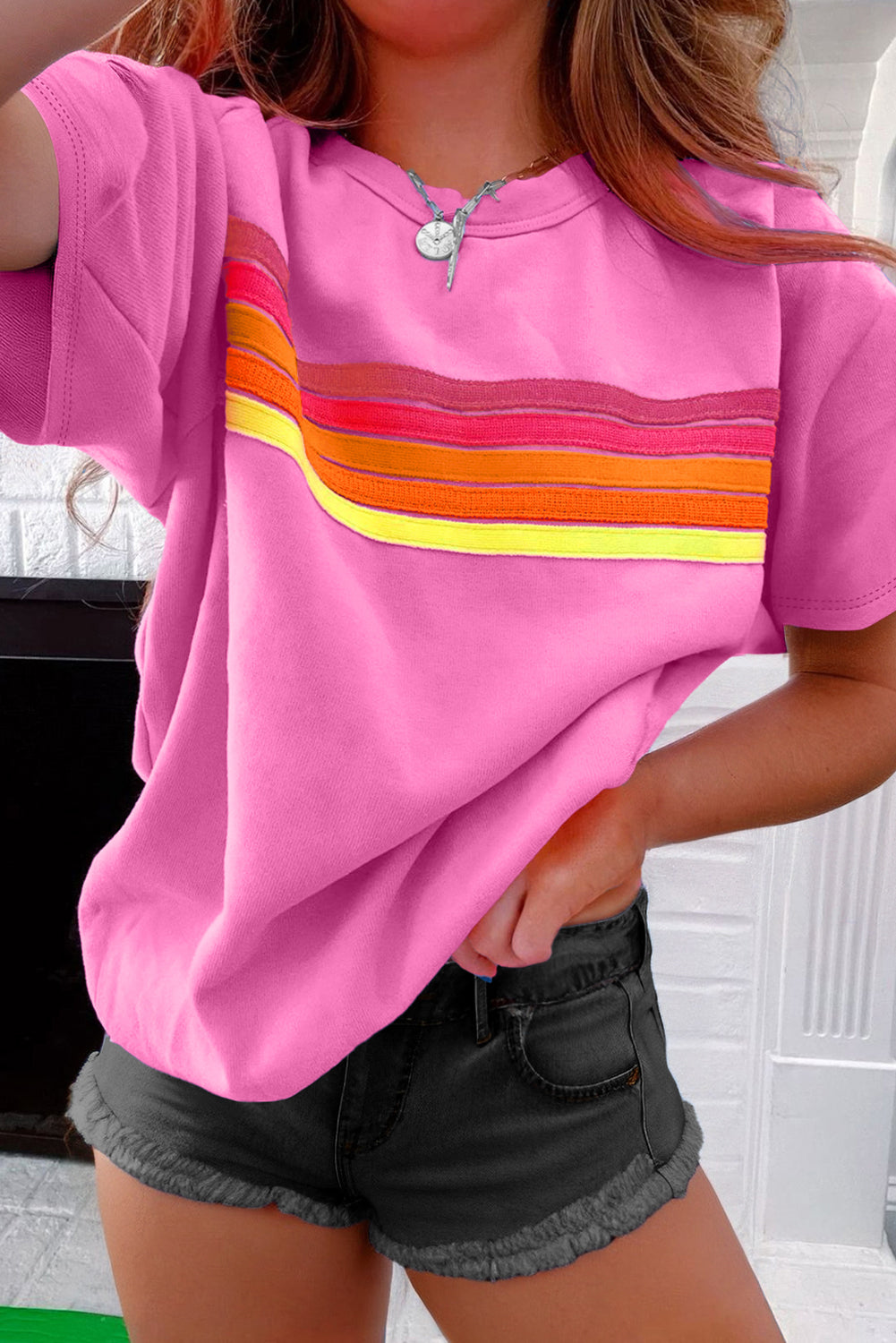 Beau Blue Striped Patch Front Casual Tee