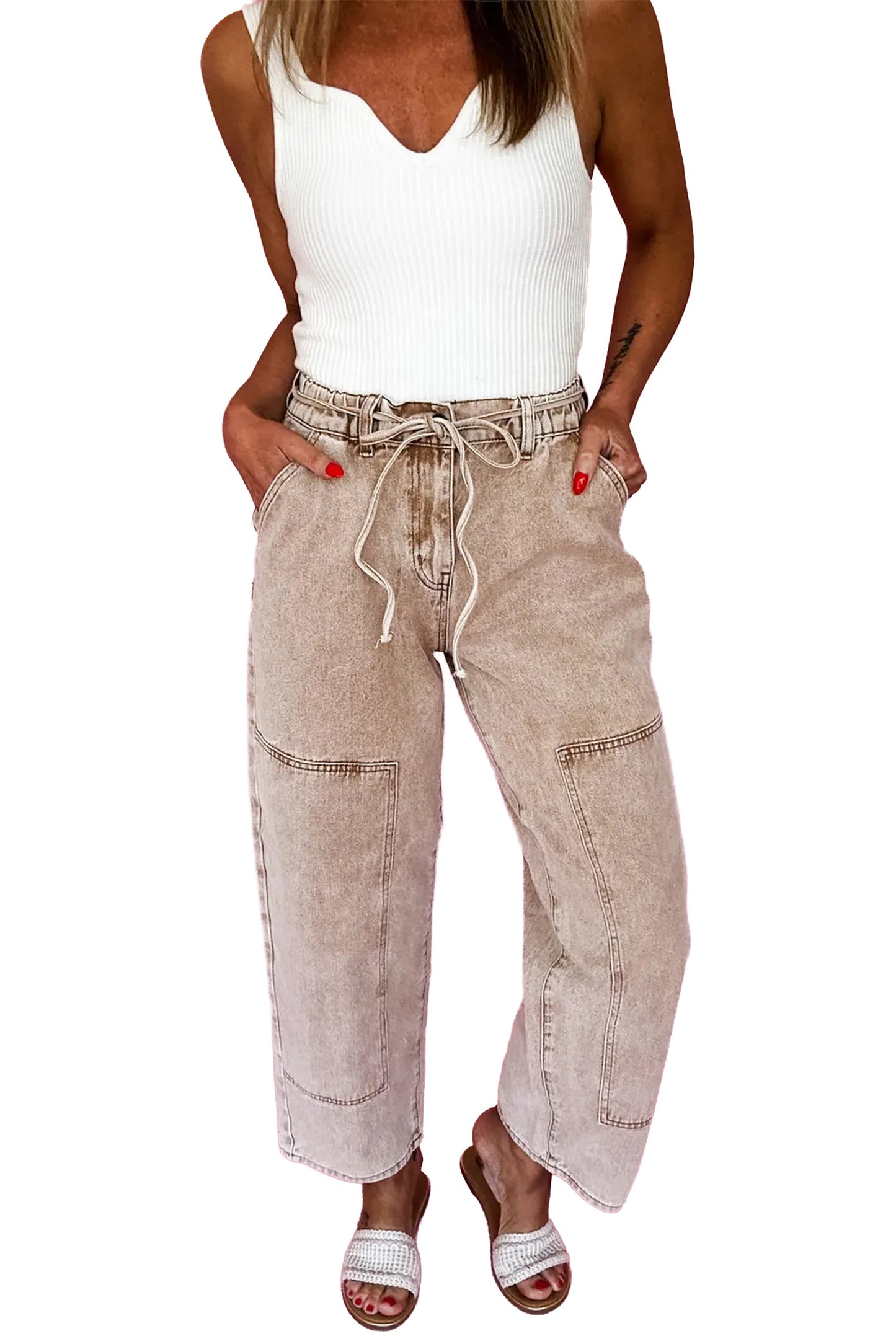 Gray Acid Wash Barrel Fit Denim Pants with Waist String