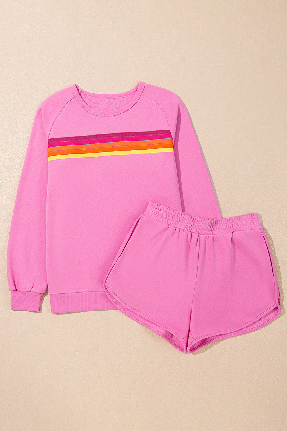 Apricot Striped Accent Pullover and Shorts Two Piece Casual Set