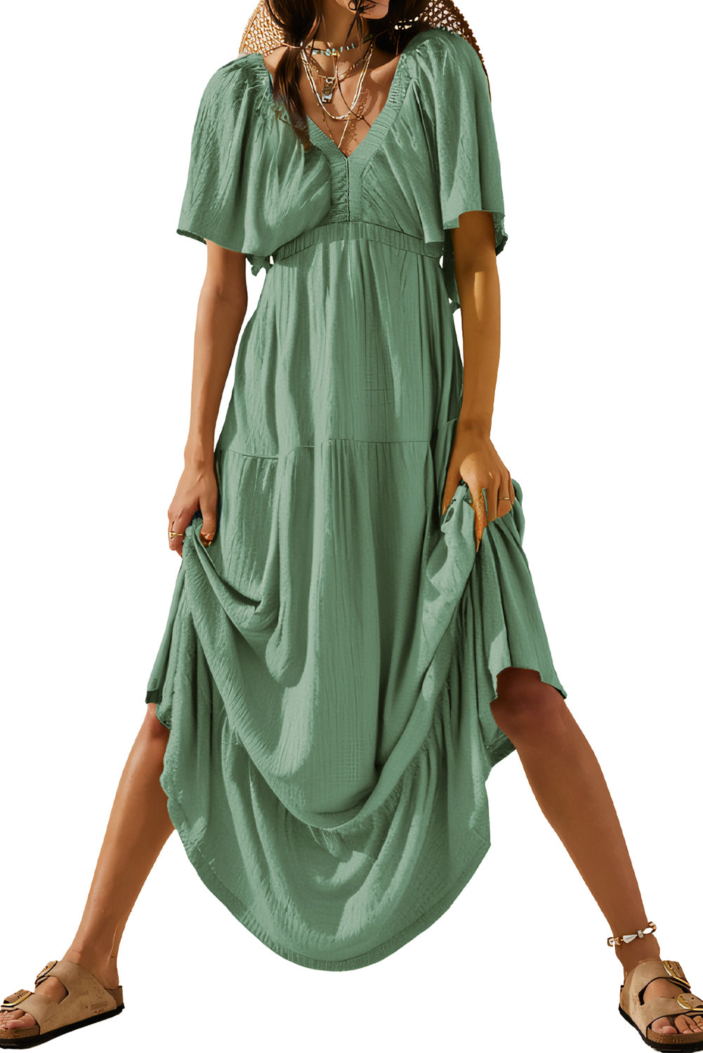 Green Textured V Neck Flutter Sleeve Ruffled Maxi Dress