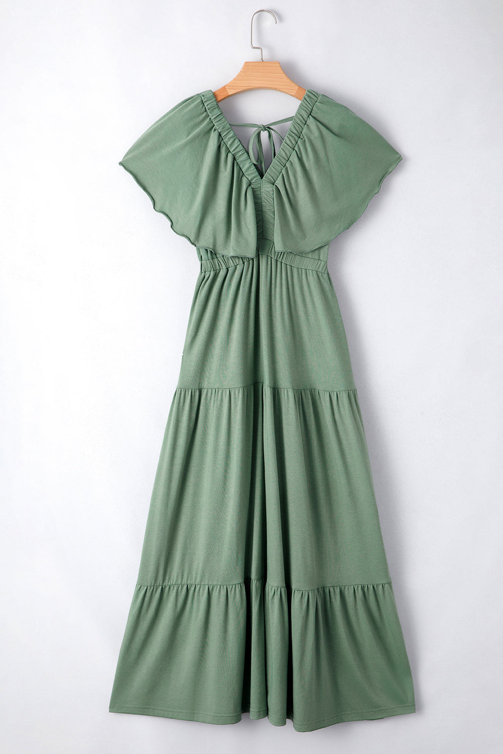 Green Textured V Neck Flutter Sleeve Ruffled Maxi Dress