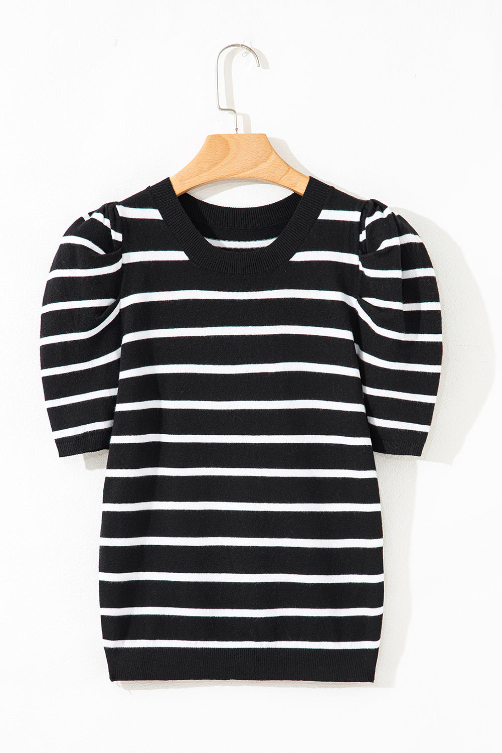 Blue Stripe Ribbed Trim Round Neck Bubble Sleeve Knitted Top