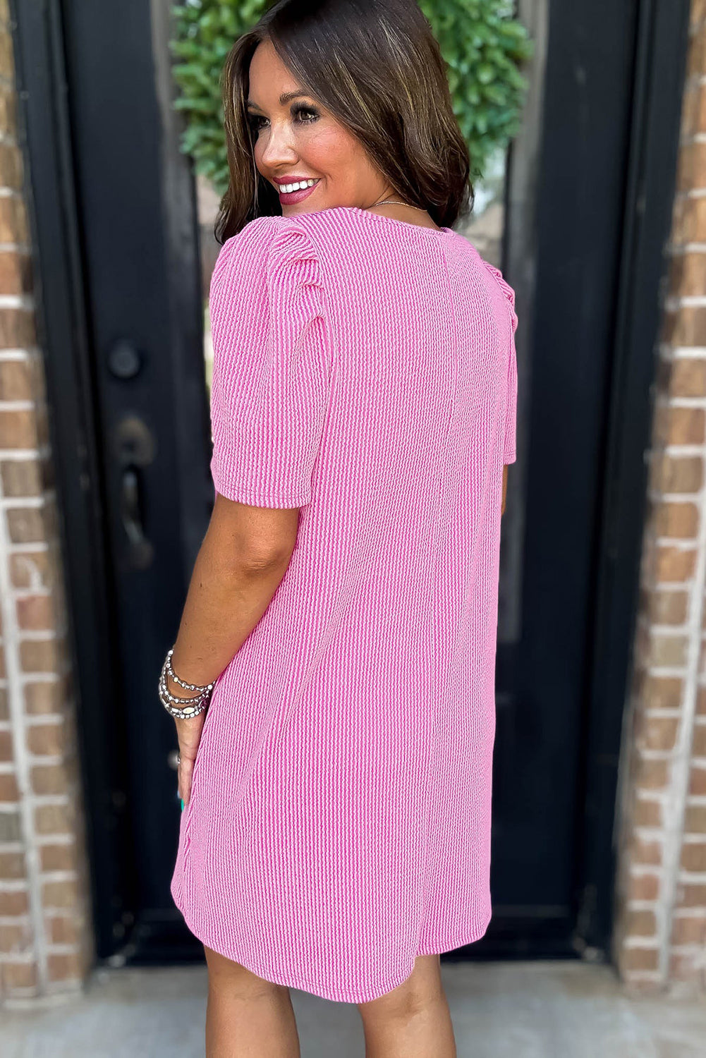 Mint Green Corded Knit Crew Neck Puff Sleeve Shift Mini Dress