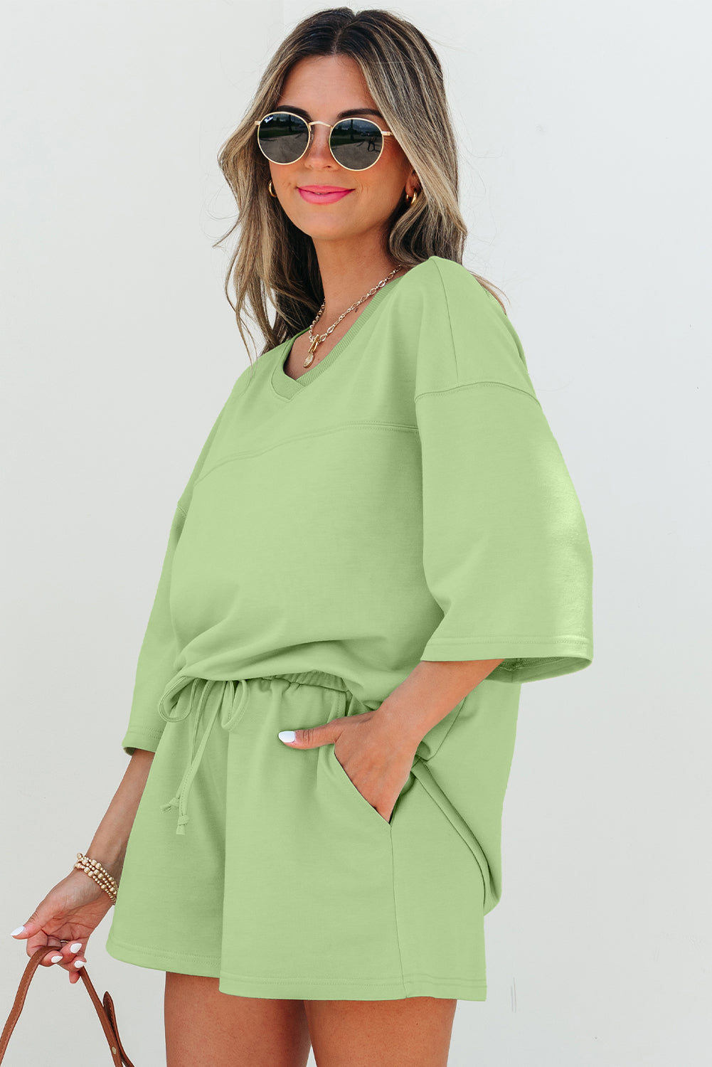 Sea Green Solid Loose V Neck Half Sleeve Tee and Shorts