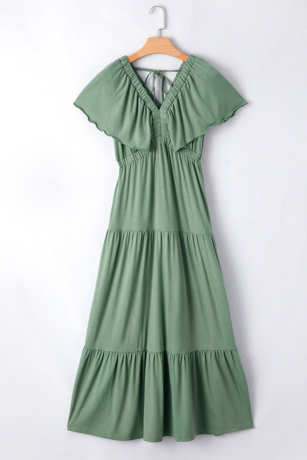 Green Textured V Neck Flutter Sleeve Ruffled Maxi Dress