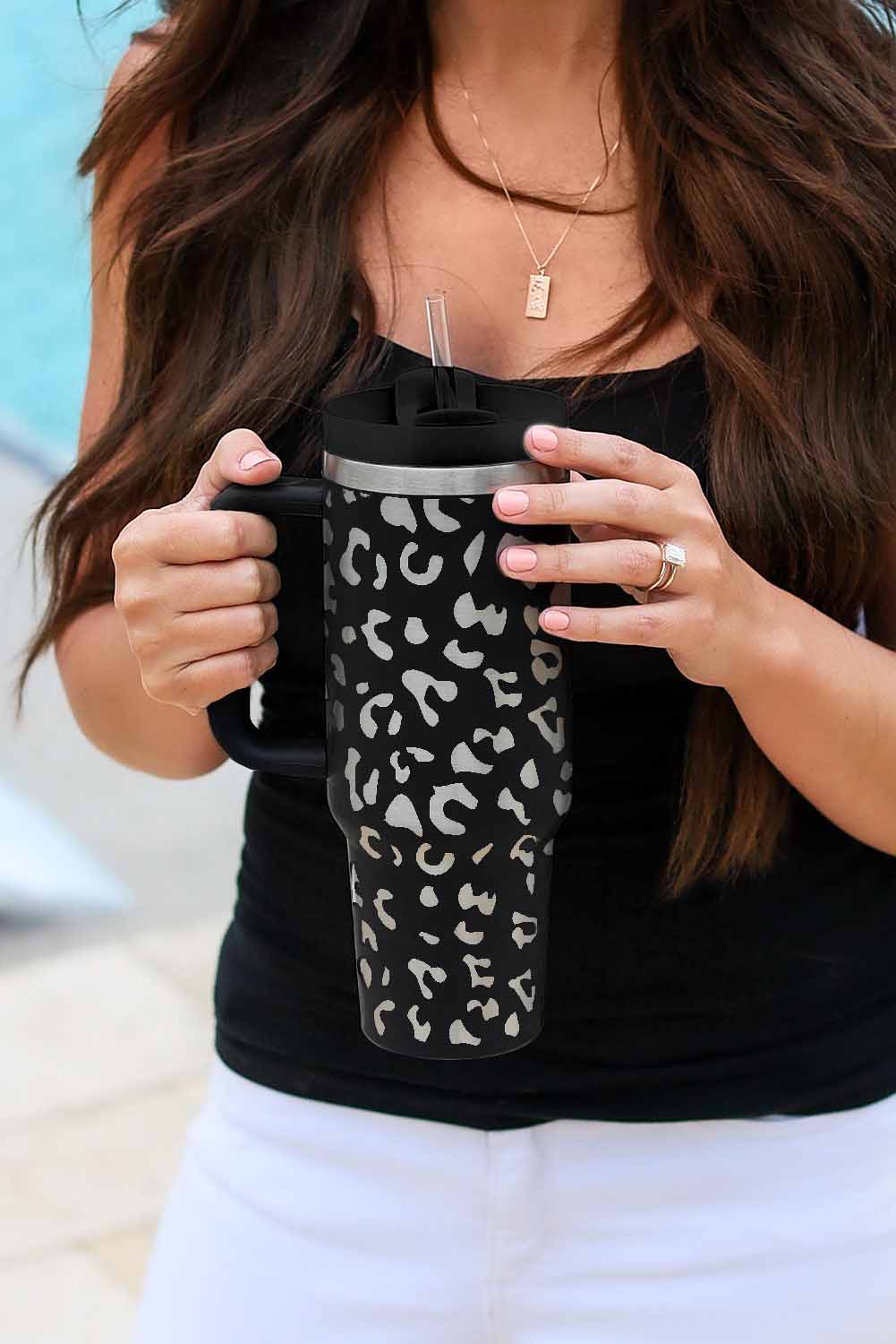 Pink Leopard Print 40OZ Stainless Steel Portable Cup with Handle