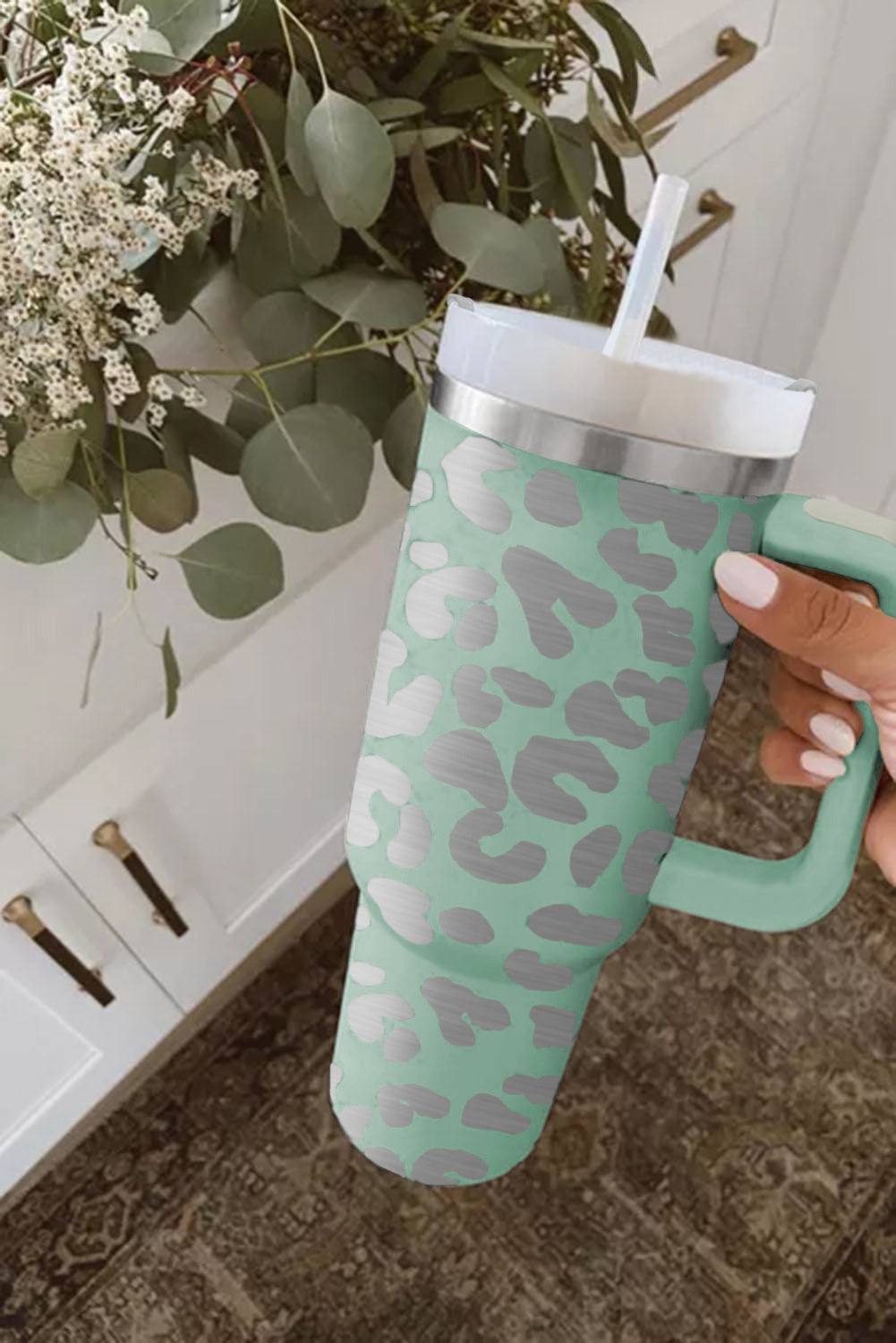 Pink Leopard Print 40OZ Stainless Steel Portable Cup with Handle