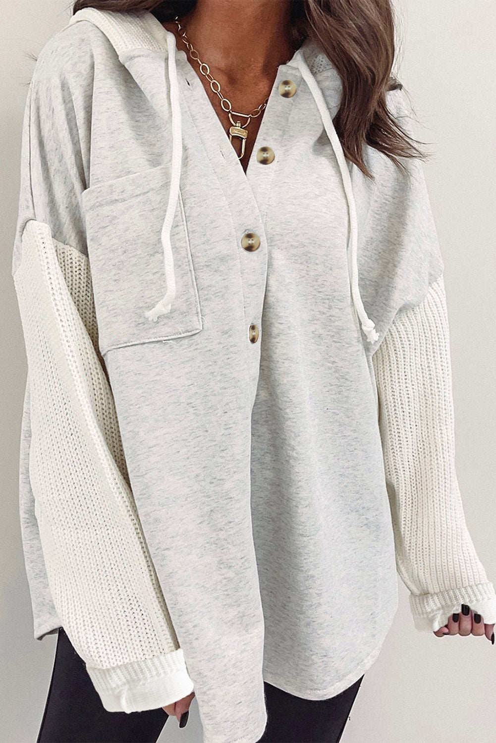 Blackish Green Button Up Contrast Knitted Sleeves Hooded Jacket