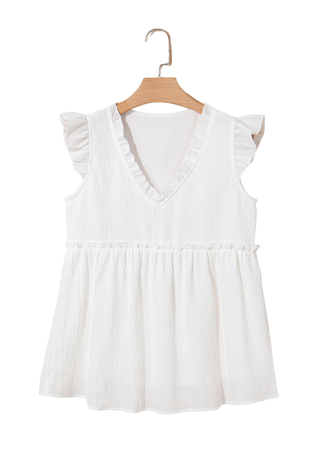 Light Pink Textured Ruffled Trim V Neck Flutter Flowy Top