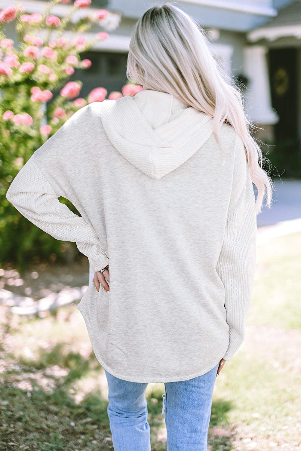 Blackish Green Button Up Contrast Knitted Sleeves Hooded Jacket