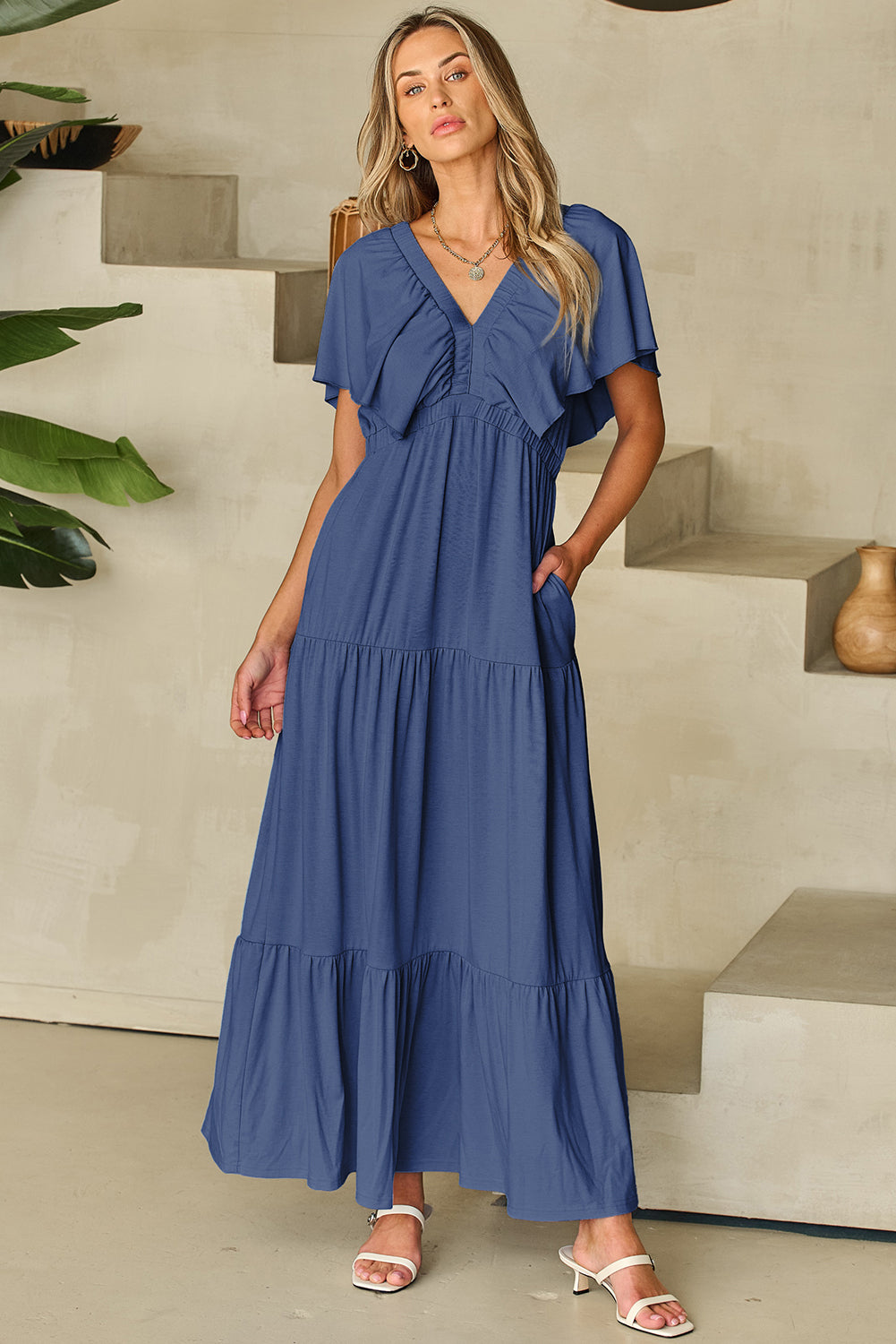 Green Textured V Neck Flutter Sleeve Ruffled Maxi Dress