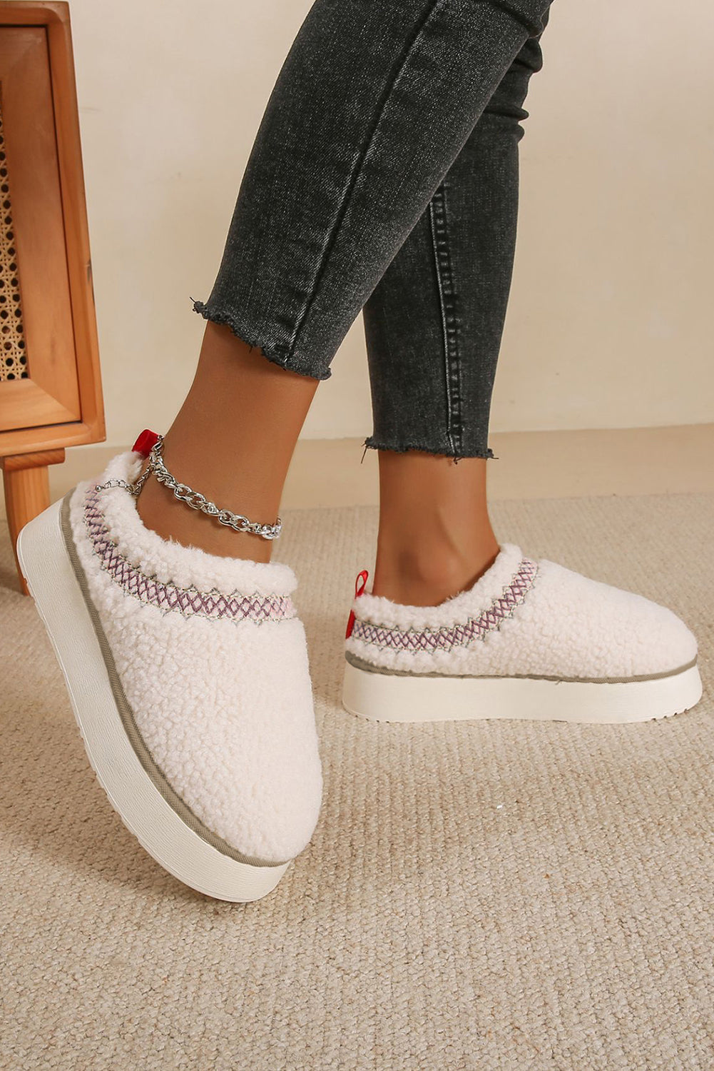 Chestnut Embroidered Sherpa Plush Thick Sole Snow Boots