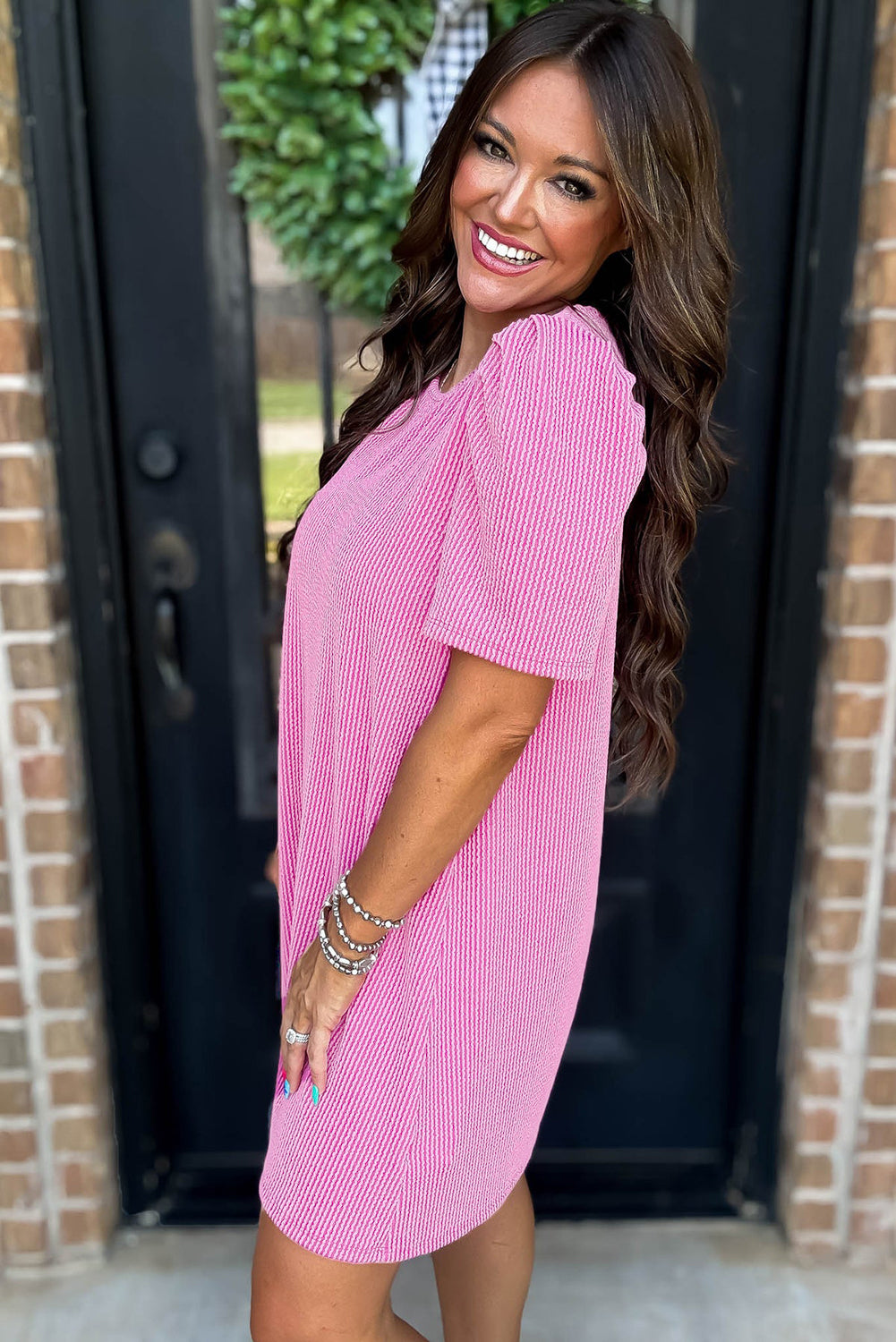 Mint Green Corded Knit Crew Neck Puff Sleeve Shift Mini Dress