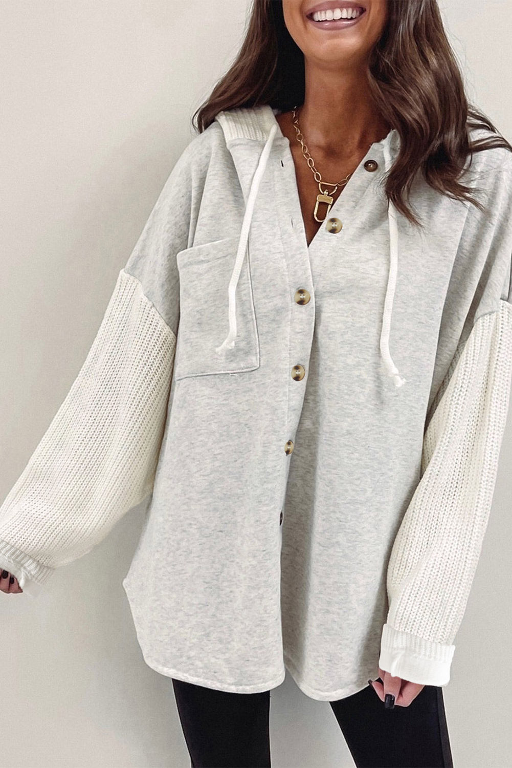 Blackish Green Button Up Contrast Knitted Sleeves Hooded Jacket