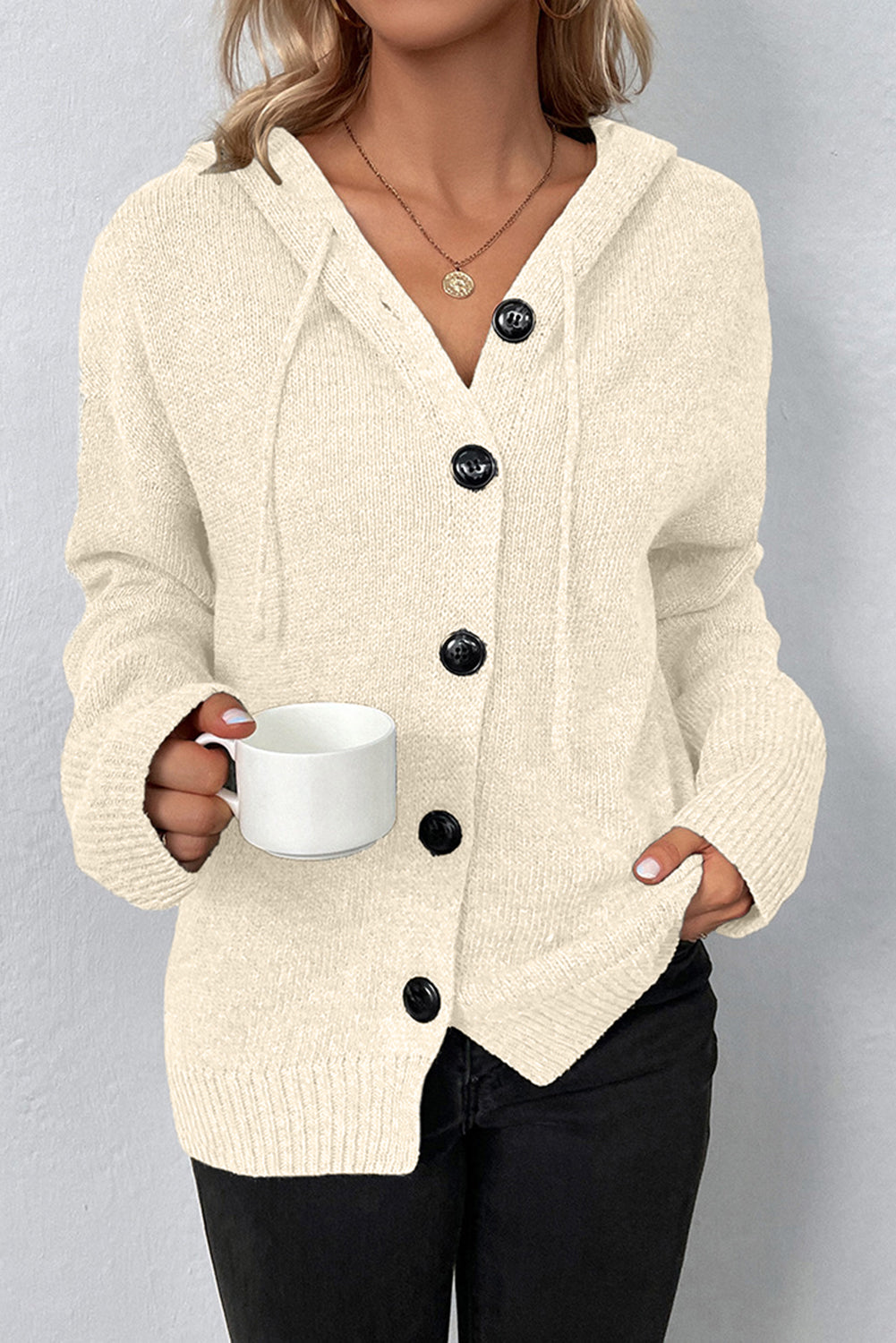 Medium Grey Drawstring Hooded Button Up Drop Shoulder Sweater Cardigan