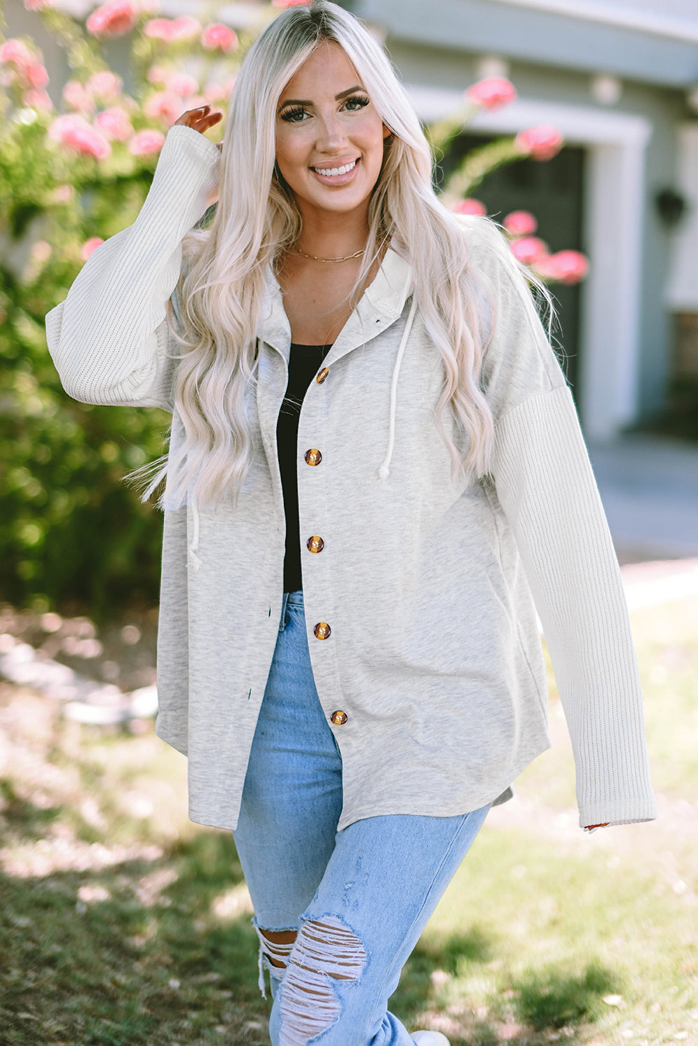 Blackish Green Button Up Contrast Knitted Sleeves Hooded Jacket