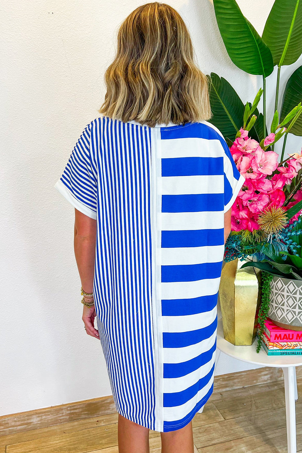 Gray Stripe Mixed Printed Short Sleeve Shift Mini T Shirt Dress