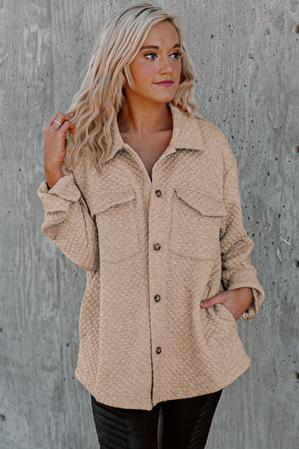 Gray Retro Quilted Flap Pocket Button Shacket