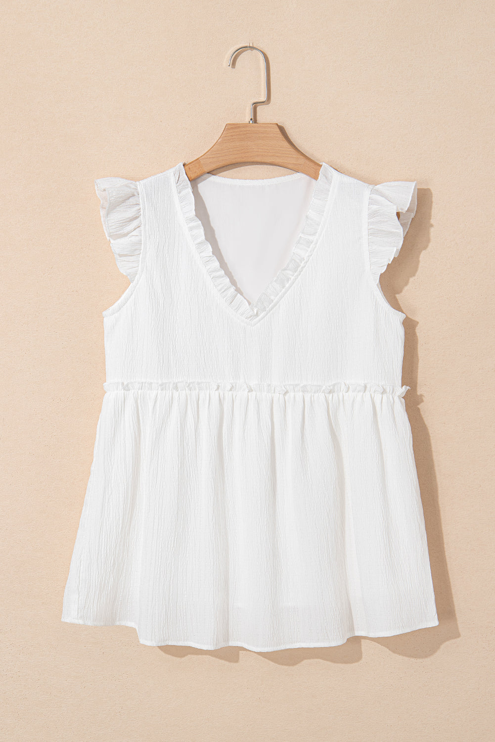Light Pink Textured Ruffled Trim V Neck Flutter Flowy Top