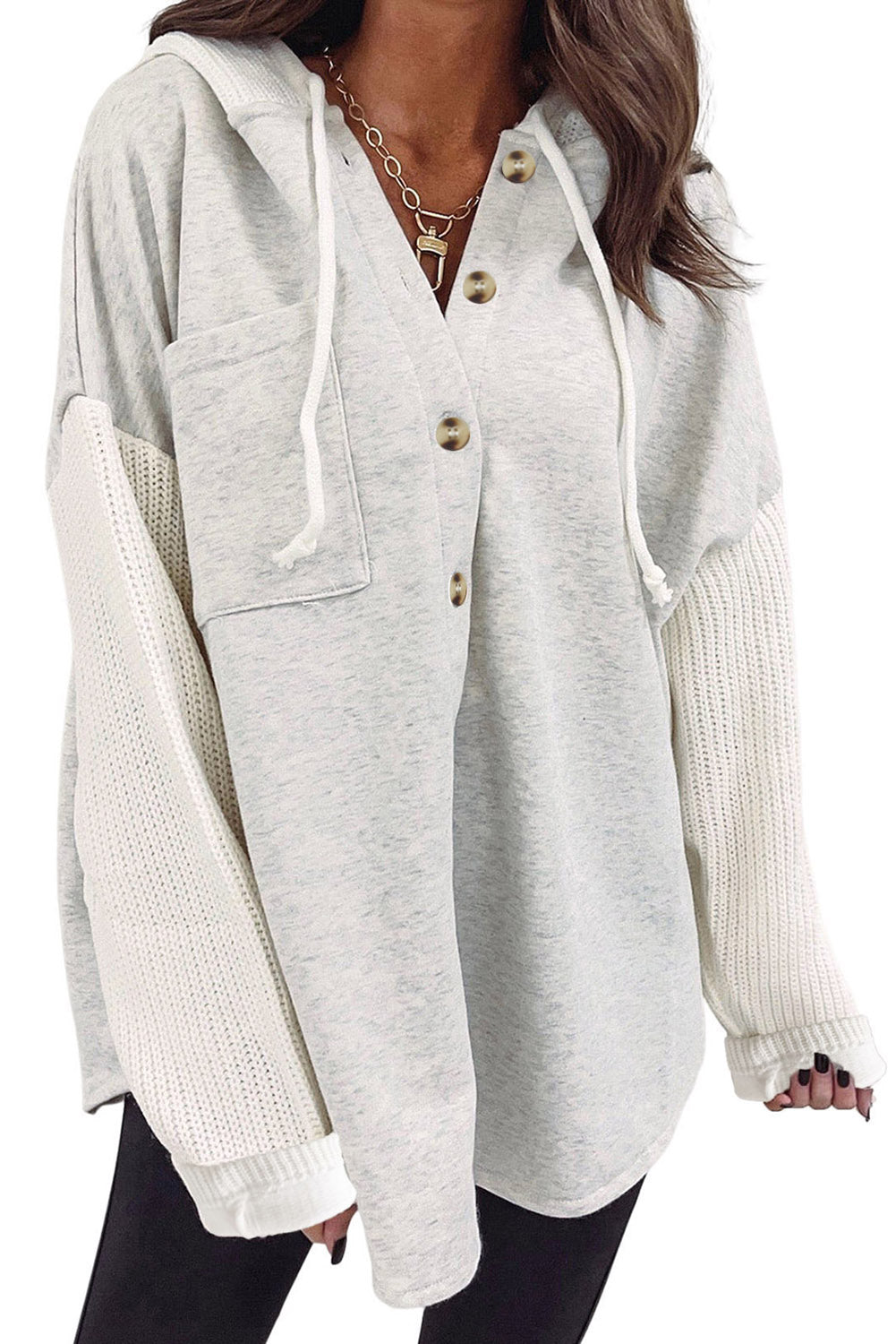 Blackish Green Button Up Contrast Knitted Sleeves Hooded Jacket