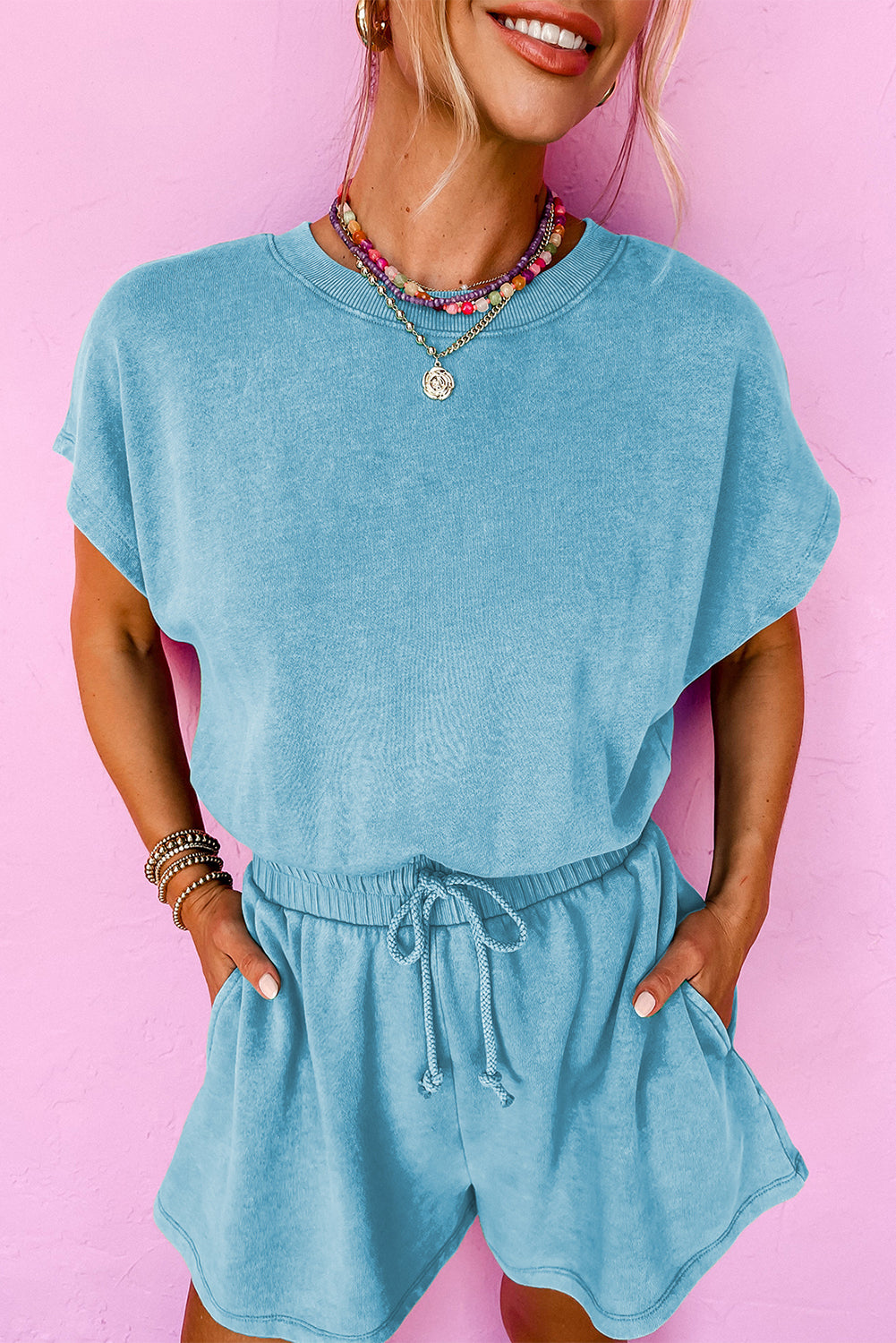 Rose Red Mineral Wash Drawstring Waist Hollow Out Back Short Sleeve Romper