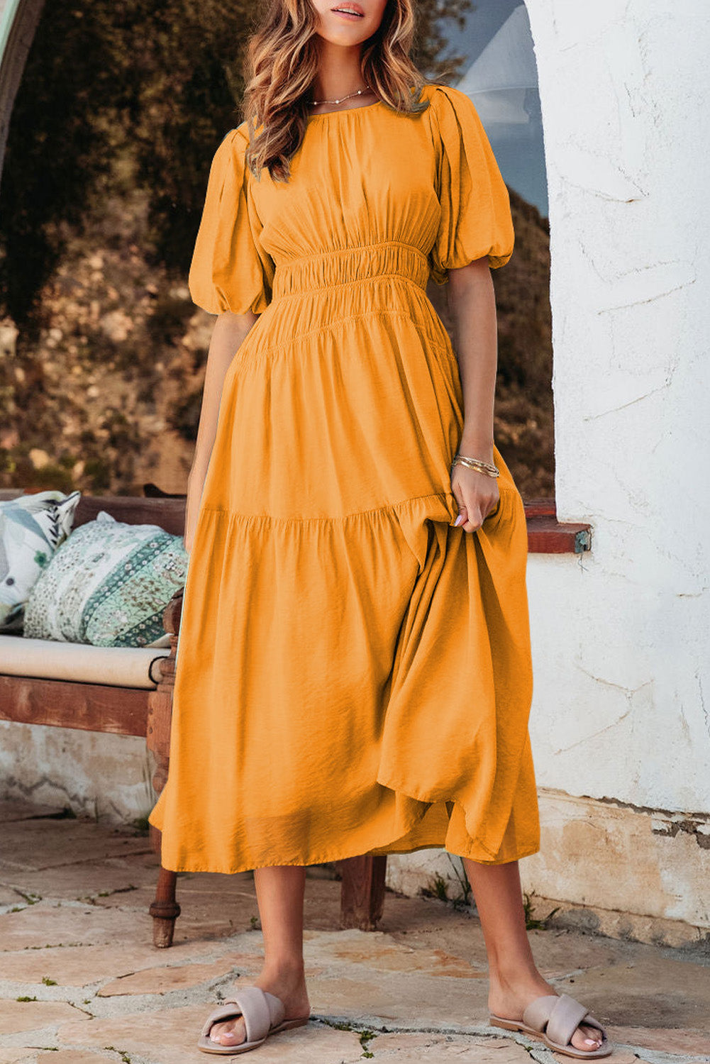 Pink Puff Sleeve Pleated High Waist Flowy Long Dress