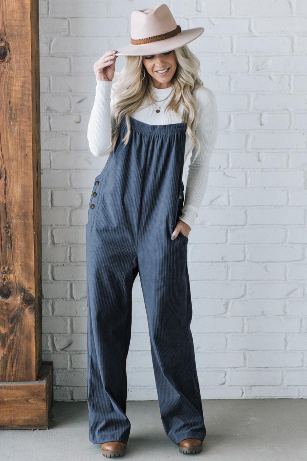 Black Solid Pocketed Loose Fit Corduroy Overall