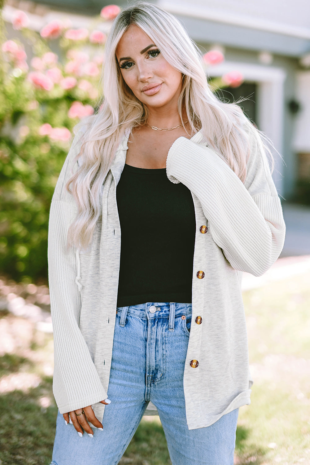 Blackish Green Button Up Contrast Knitted Sleeves Hooded Jacket