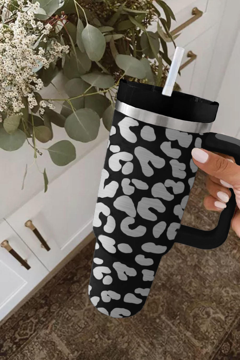 Pink Leopard Print 40OZ Stainless Steel Portable Cup with Handle