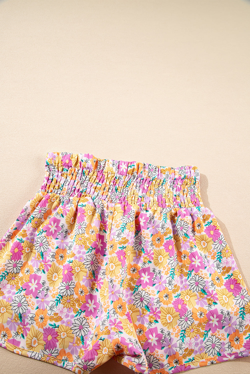 Orange Boho Floral Shirred High Waist Casual Shorts