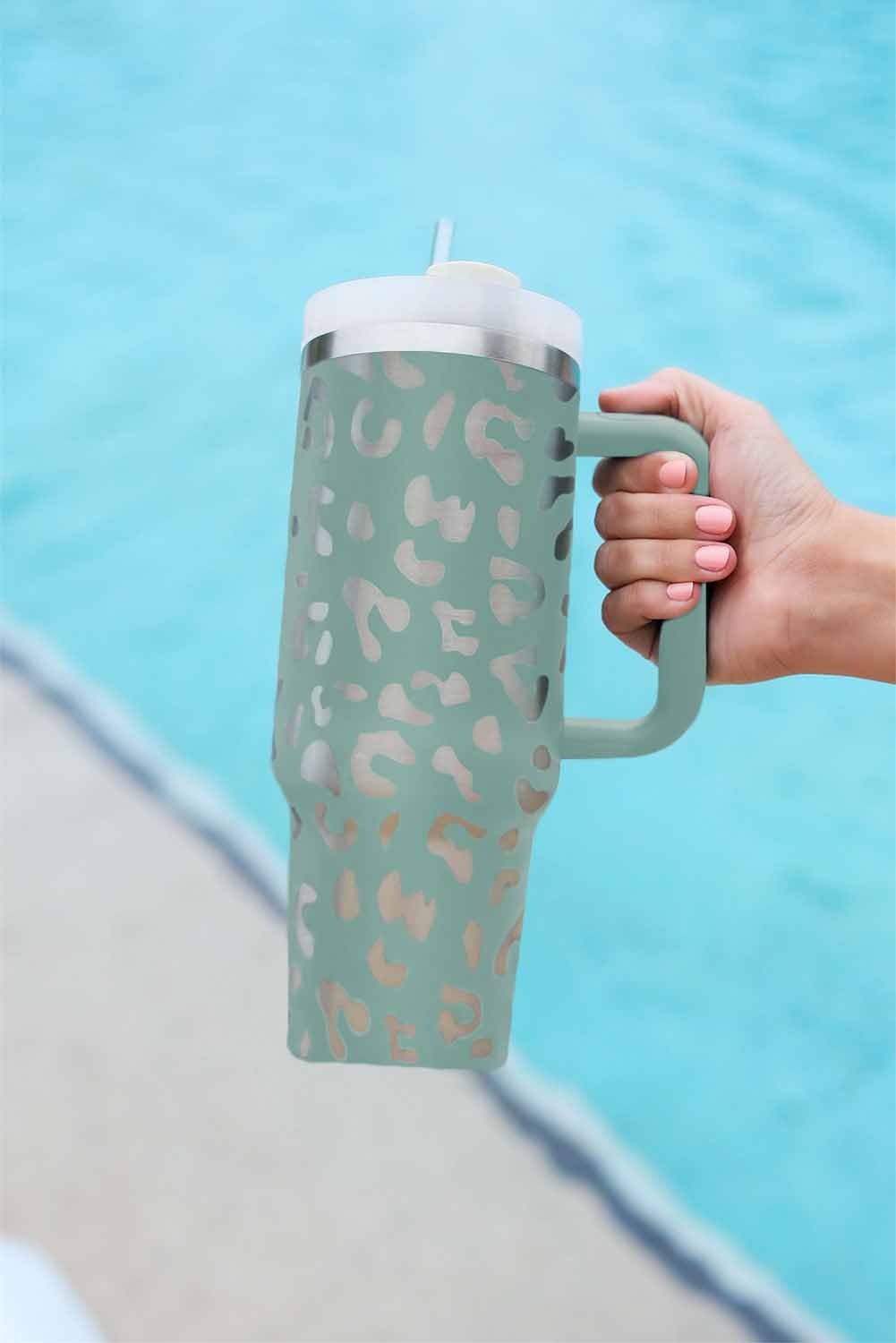 Pink Leopard Print 40OZ Stainless Steel Portable Cup with Handle