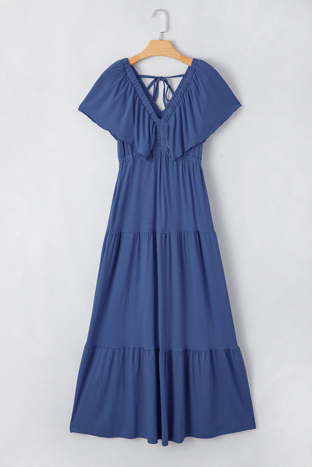 Green Textured V Neck Flutter Sleeve Ruffled Maxi Dress
