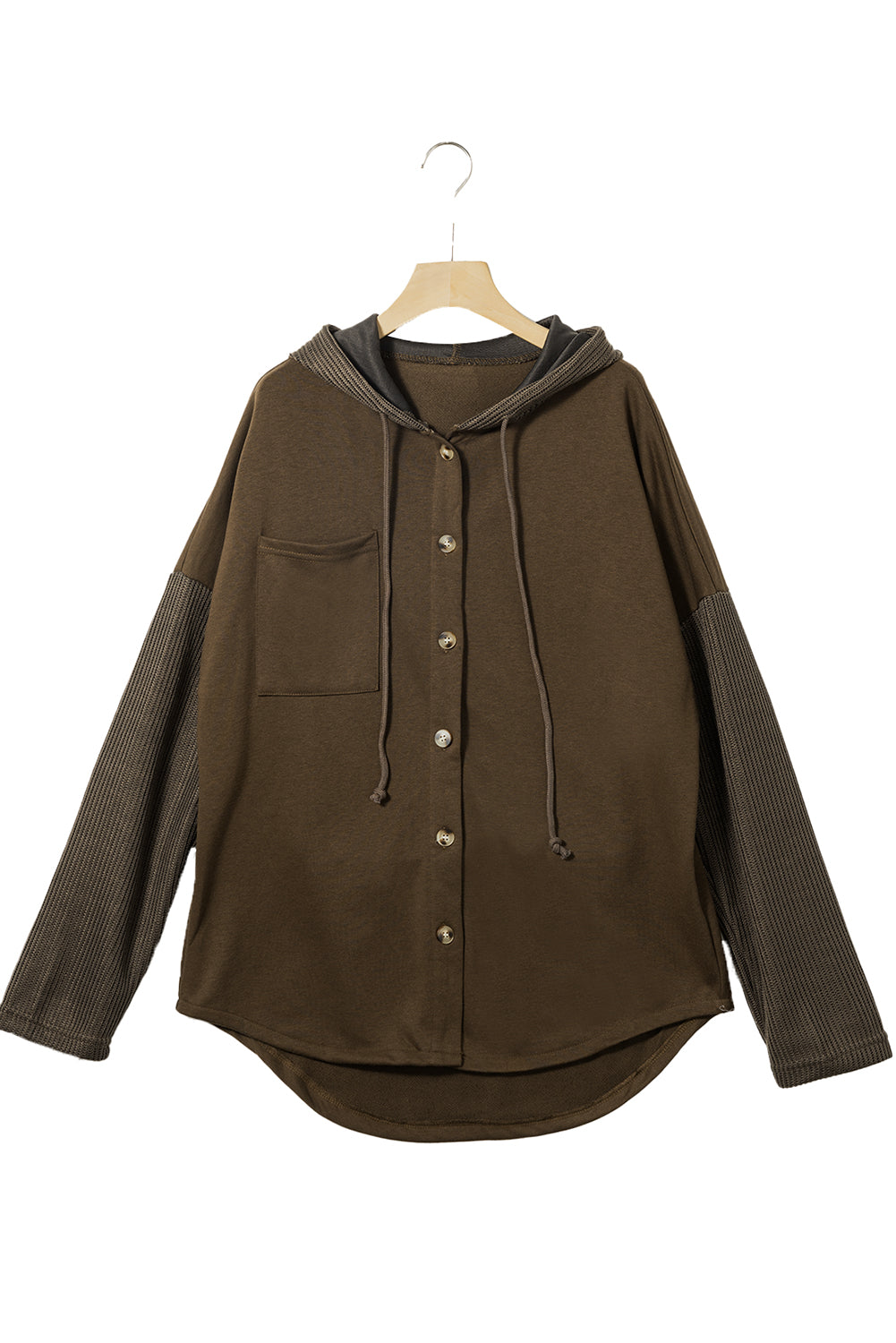 Blackish Green Button Up Contrast Knitted Sleeves Hooded Jacket