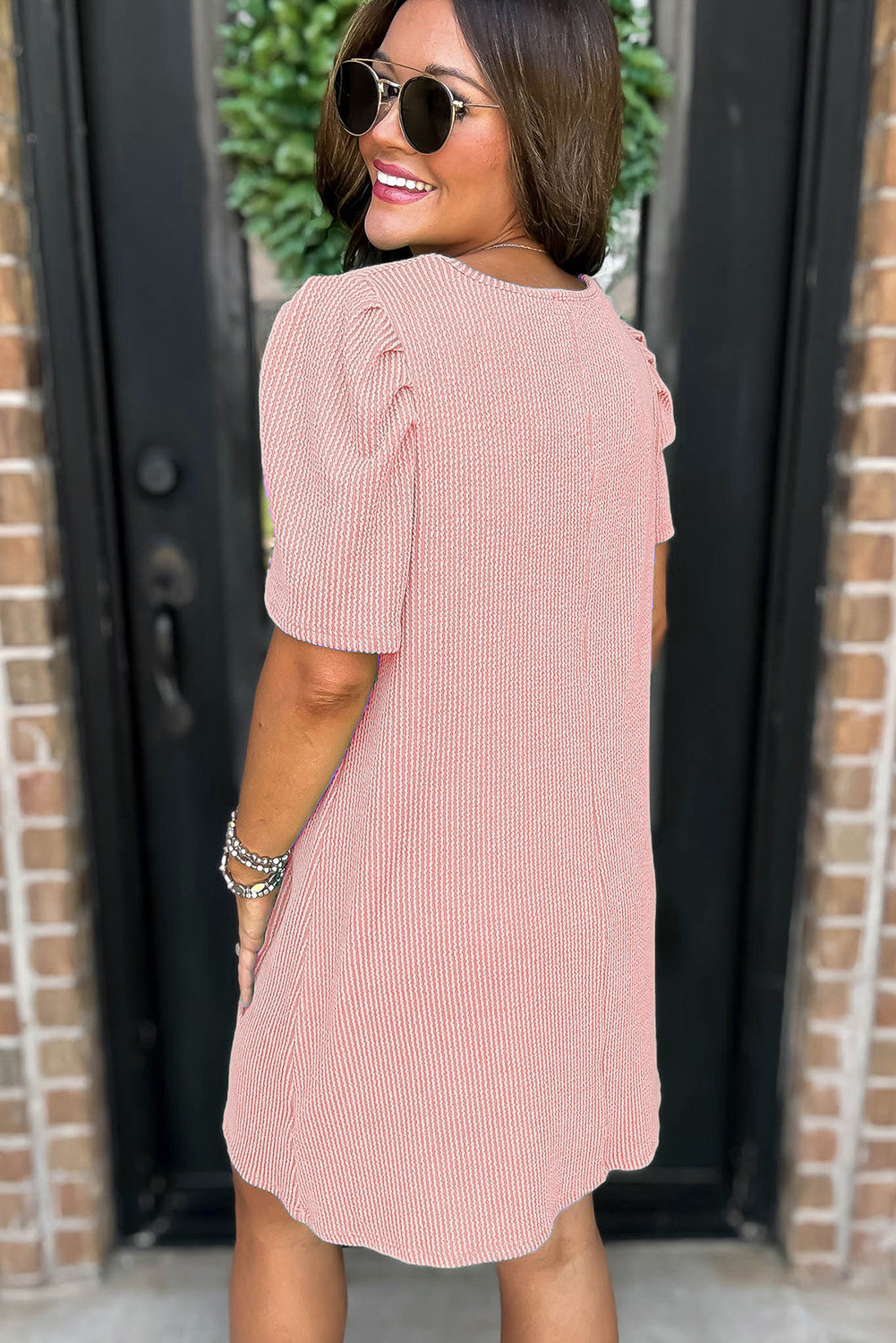 Mint Green Corded Knit Crew Neck Puff Sleeve Shift Mini Dress