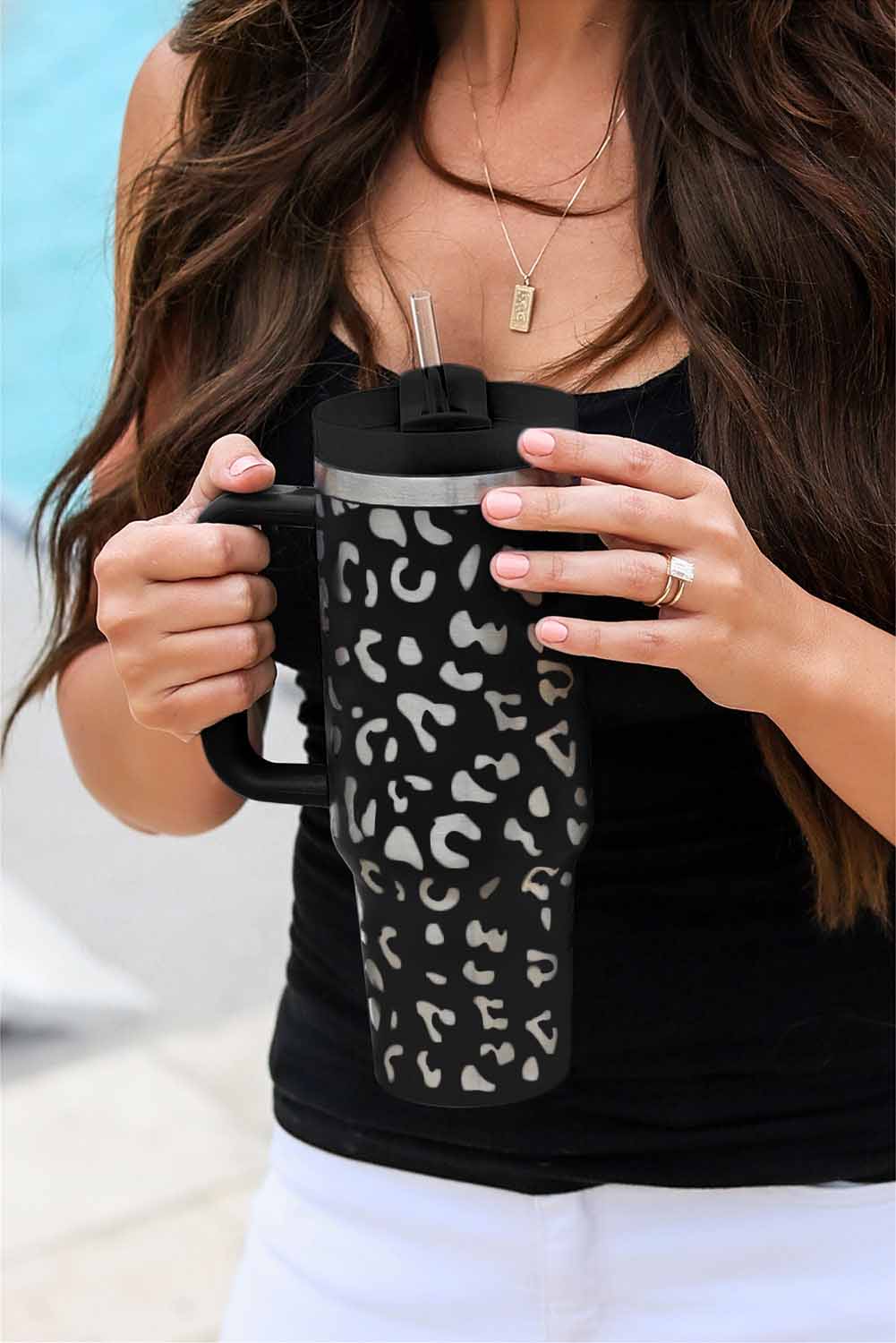 Pink Leopard Print 40OZ Stainless Steel Portable Cup with Handle