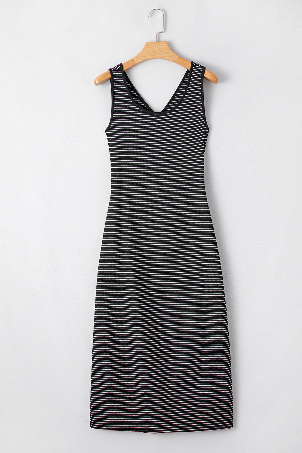White Stripe Criss Cross Side Slits Slim Fit Sleeveless Midi Dress