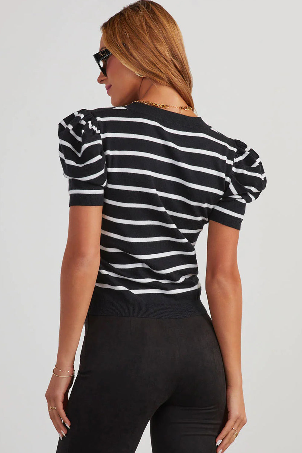 Blue Stripe Ribbed Trim Round Neck Bubble Sleeve Knitted Top