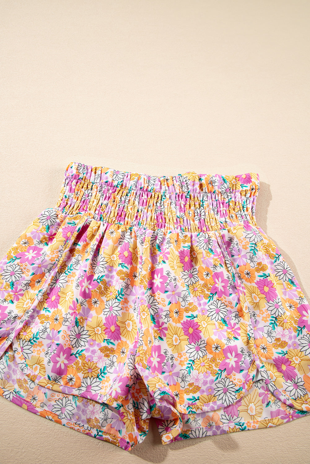 Orange Boho Floral Shirred High Waist Casual Shorts